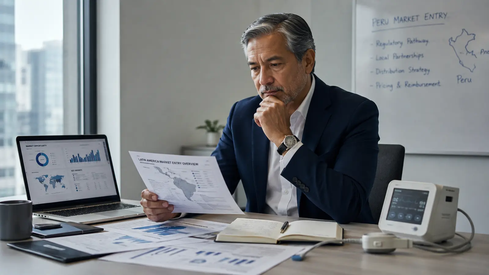 Ejecutivo evaluando datos y variables para el desarrollo de tecnología médica en Perú.