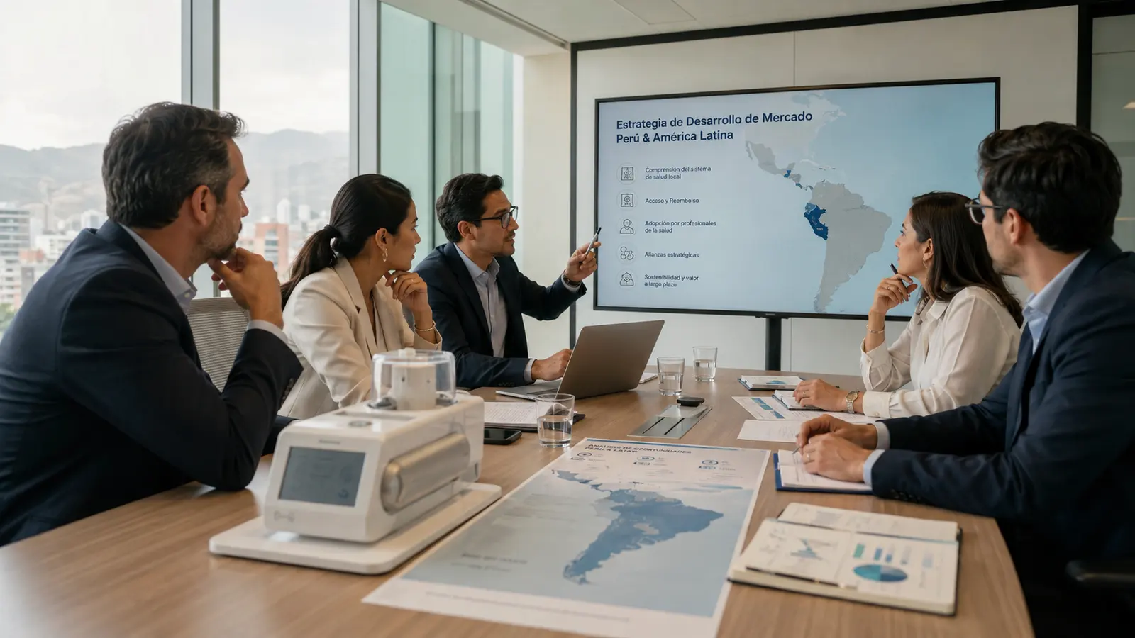 Equipo ejecutivo analizando una estrategia de desarrollo de mercado para tecnología médica en Perú y América Latina.