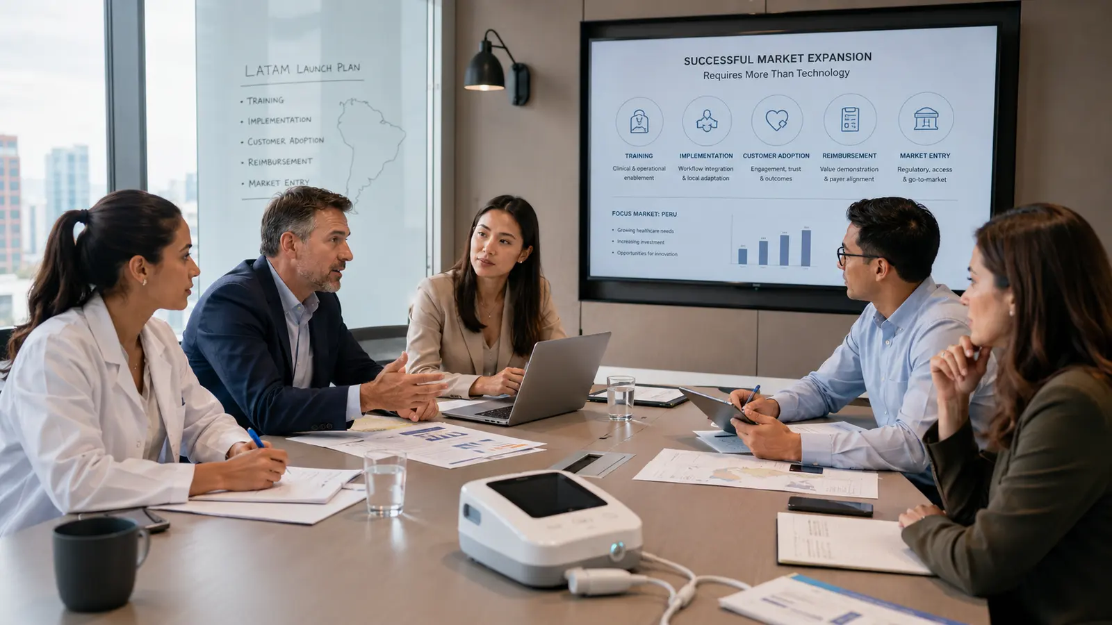 Equipo local e internacional evaluando implementación, adopción y expansión de tecnología médica en América Latina.