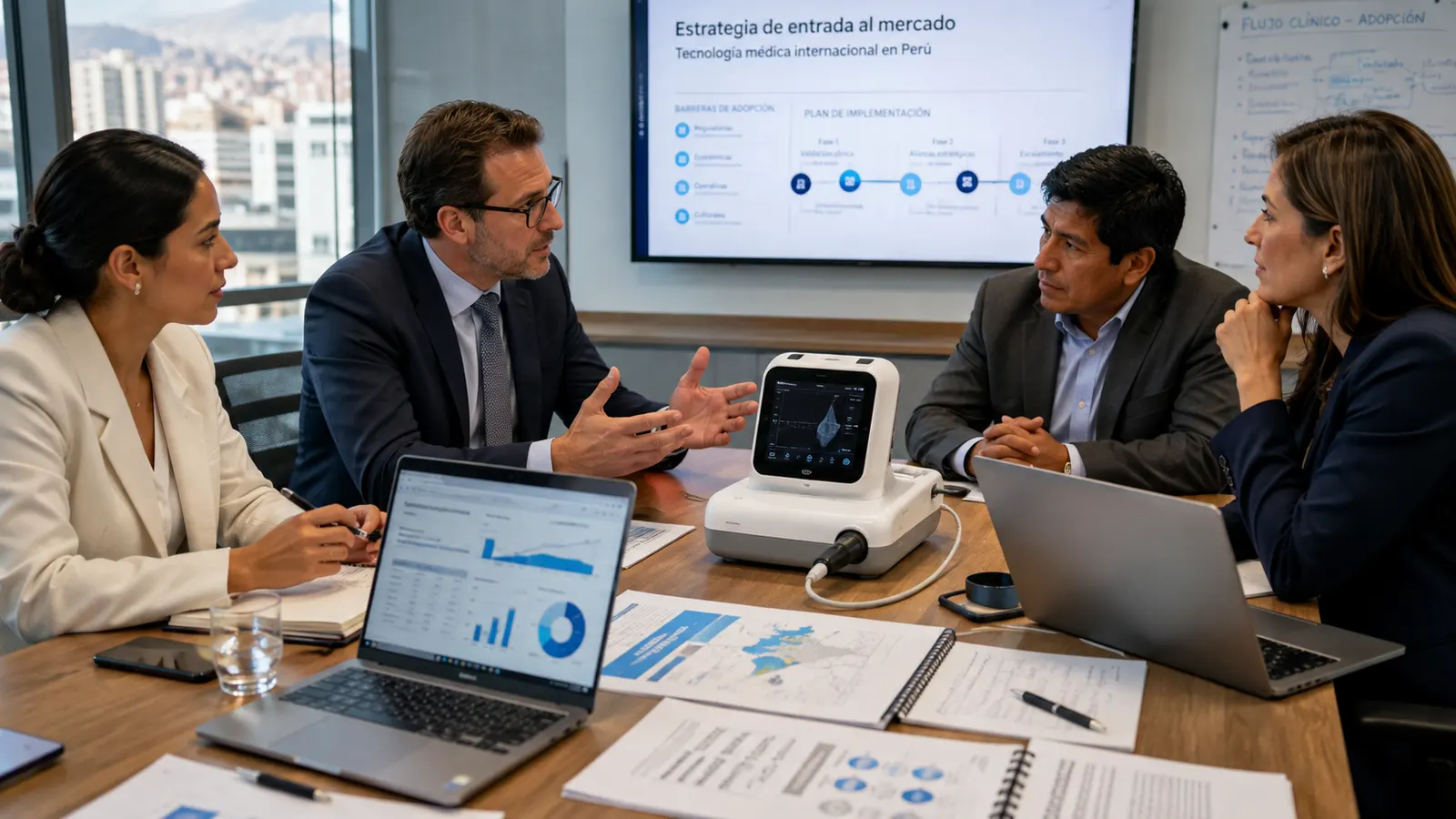 Equipo internacional y local evaluando la entrada de una tecnología médica al mercado peruano.