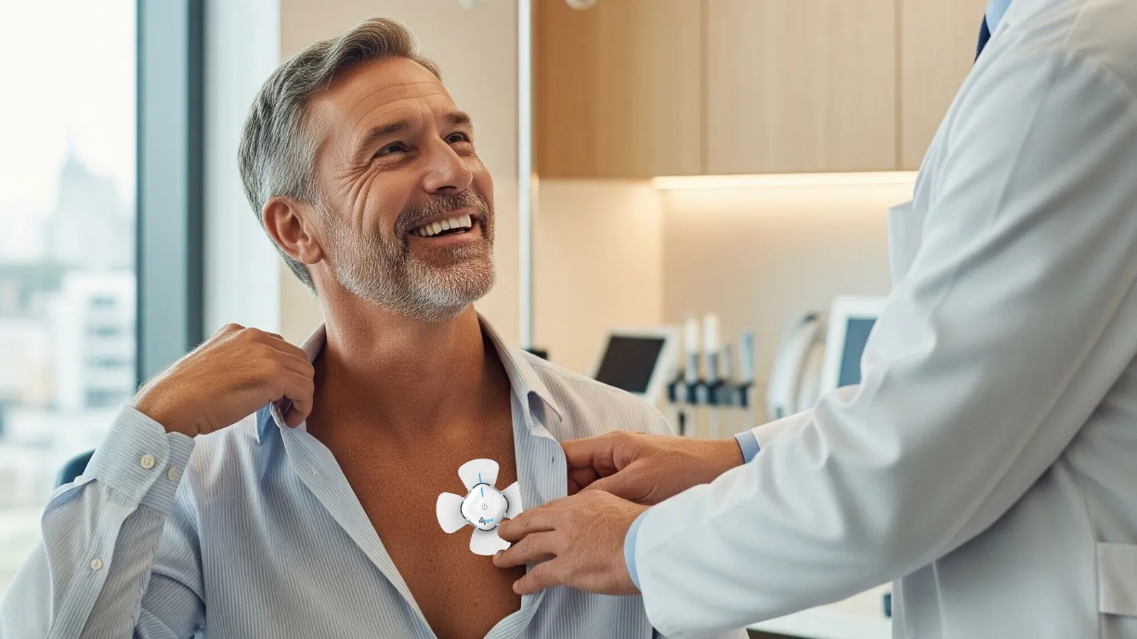 Médico colocando un parche Biobeat para monitoreo ambulatorio en un paciente.