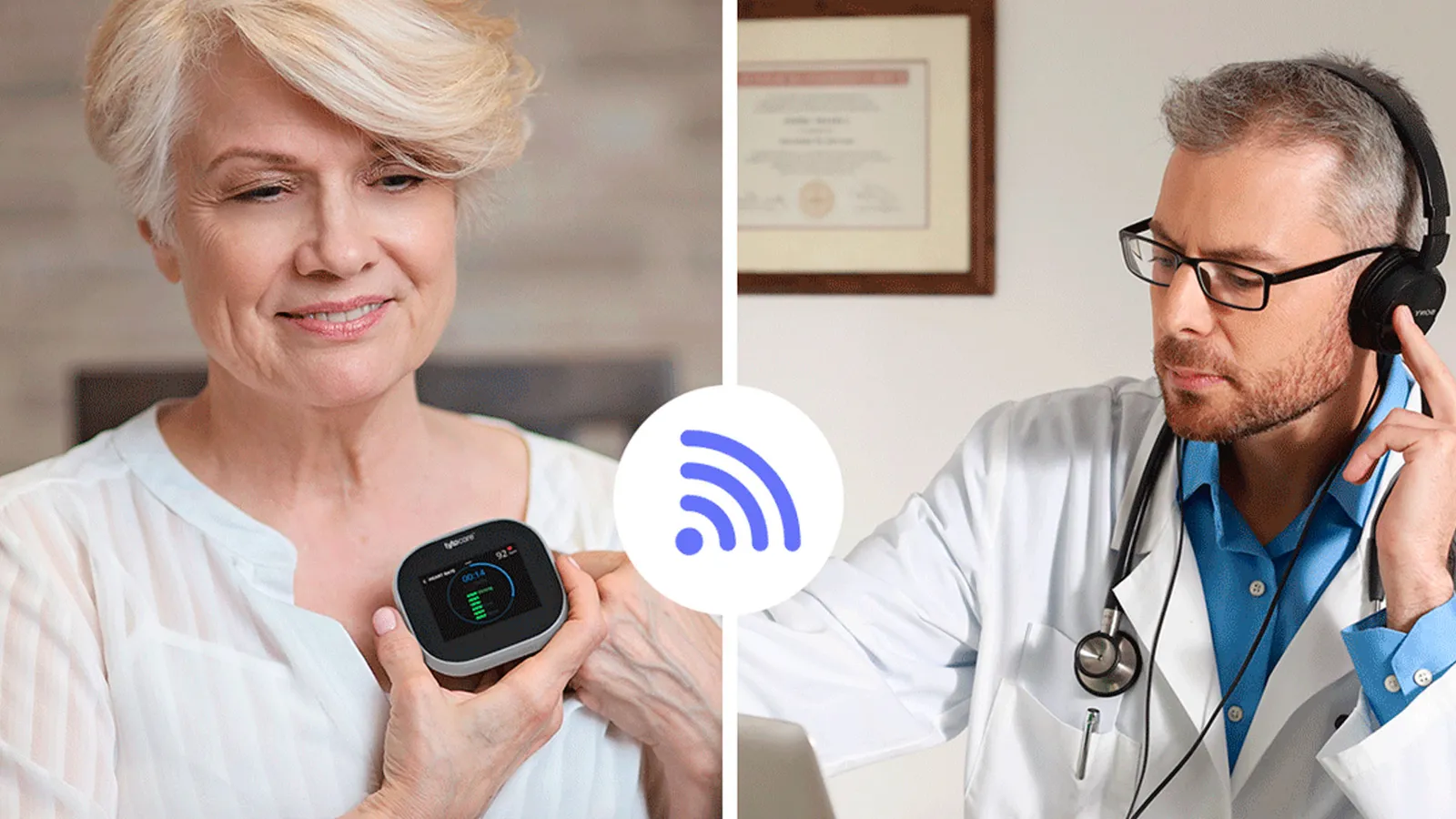 Paciente utilizando TytoCare dentro de un modelo de telemedicina con evaluación médica remota.