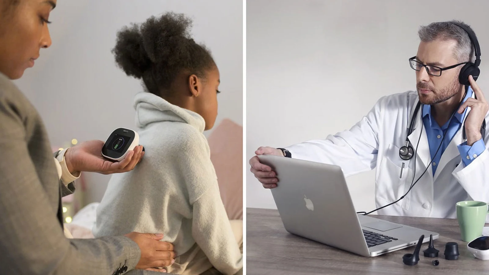 Consulta de telemedicina con examen físico remoto y médico conectado a distancia.